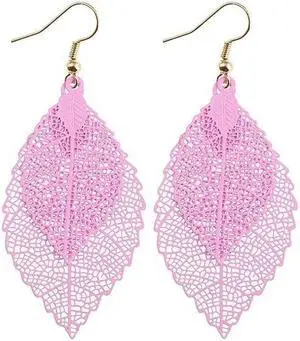 Double-layered Leaves Tassel Earrings Simple Retro Metal Leaf-ears Ornaments (Pink)