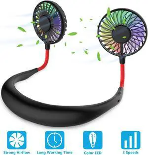 Portable Neck Hanging Fan,USB Mini Hand Free Wearable LED Fan Neckband Sport Fan With light USB Desktop Fan,3 Speeds,360 Degree Adjustment for Kids, Home Office Outdoor Travel …