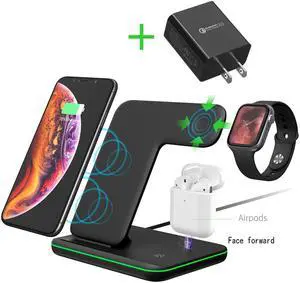 Wireless Charger,3 in 1 Wireless Charging Station for Apple Watch 1 2 3 4 5/Airpods, QI Fast Charger for iPhone 11/11 Pro/11 Pro Max/XS Max/XS XR Plus, Samsung S10 S9 S8 Plus S7, Qi-Certified Phones