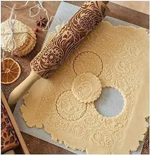 Embossed Rolling Pins for Christmas,3D Paisley Pattern Flower Snowflake rattan Wooden Roll Pin Laser Engraved Rolling Pin DIY Tool,Rolling Pin for Kids and Adults to Make Cookie Dough (355)