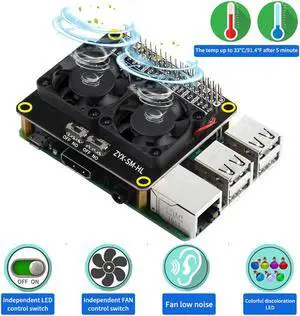 Raspberry Pi 4 Model B LED Dual Cooling Fan Automatic Discoloration GPIO Expansion Board + Switch for Raspberry Pi 4B/3B+/3B/3A+