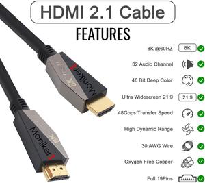 HDMI AM/AM 2.1V Bandwidth 48Gbps Ethernet 3D HDCP 2.2 HDR Support 8k@60Hz/4k@120Hz 24K Gold Plated Connector Metal Hood 32 Audio Channel Ultra Widescreen 21:9 30 AWG Wire Oxygen Free Copper