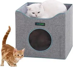 GOOPAWS Foldable Cat Condo Bed, Cat Cube House & Sleeping Bed with Lying Surface and 2 Reversible Cushions, Cat Hiding Place, Cat Cave, Linenette Fabric, Felt and Engineered Wood, Scratch Resistant