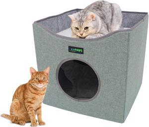 GOOPAWS Foldable Cat Condo Bed, Cat Cube House & Sleeping Bed with Lying Surface and 2 Reversible Cushions, Cat Hiding Place, Cat Cave, Linenette Fabric, Felt and Engineered Wood, Scratch Resistant