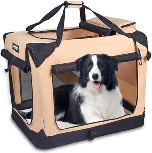 Jespet Folding Soft Pet Crates Kennel, 3-Door Indoor & Outdoor Collapsible Dog Crate, Travel Pet Carrier with Straps and Fleece Mat for Dogs Cats, Rabbits
