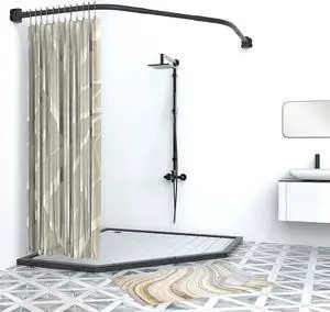 Misounda Corner Curved Shower Curtain Rod Rustproof Expandable Metal Adjustable Shower Rod  35.4-39.3x35.4-39.3 inch Telescoping Design Exquisite Customizable for Bathroom,Need To Drill -Black