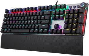 Gaming Mechanical Keyboard, LED Backlit Metal Panel 104 Anti-ghosting Keys, Blue Switches, Magnetic Wrist Rest, Media Control Knob Buttons, Good for Game and Office