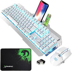 Wireless Gaming Keyboard and Mouse, Blue LED Backlit Rechargeable Metal Panel Mechanical Feel Keyboard and Mute Mouse for Computer Gamers