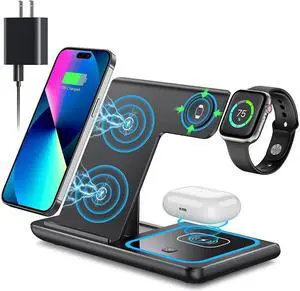 Wireless Charger, 3 in 1 Wireless Charging Station, Fast Wireless Charger Stand for iPhone 14/13/12/11/Pro/Max/XS/XR/X/8/Plus, for Apple Watch 7/6/5/4/3/2/SE, for Apple Watch & AirPods Black