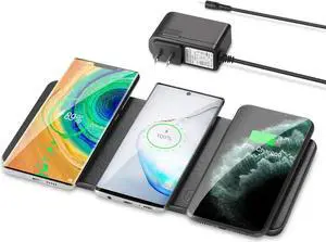 Wireless Charging Pad ZealSound Qi-Certified Ultra-Slim Triple Wireless Charger Station for Multiple 3 Devices & New Airpods Ultra Slim Leather Mat W/AC Adapter for All Qi Enabled Phones (Black)