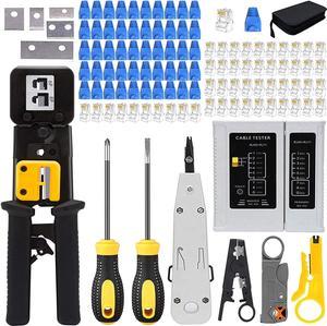 Crimping Tool Kit for RJ11/RJ12/CAT5/CAT6/Cat5e, Professional Computer Maintenacnce Lan Cable Tester Network Repair Tool Set,Wire Crimper Wire Connector Stripper Cutter (Black)