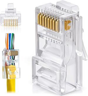 RJ45 Cat6 Pass Through Connectors Pack of 100 | EZ Crimp Connector UTP Network Plug for Unshielded Twisted Pair Solid Wire & Standard Cables