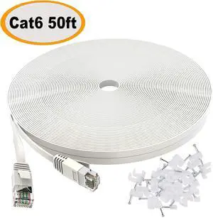 Cat 6 Ethernet Cable 50 ft White - Flat Internet Network Lan patch cords – Solid Cat6 High Speed Computer wire With clips& Snagless Rj45 Connectors for Router, modem – faster than Cat5e/Cat5 - 50 feet