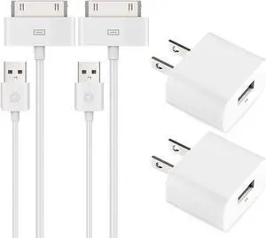 Certified 6 Feet 30 Pin USB Charging Cable with 5W USB Power Adapter for iPhone 4/4s iPhone 3G/3GS iPad 1/2/3 iPod Touch 1/2/3/4 (2 Pack)