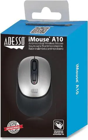Adesso iMouse A10 Antimicrobial 1600dpi 2.4GHz Wireless Mouse - Black/Silver
