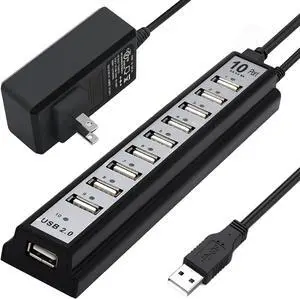Powered USB Hub 2.0 VIENON 10-Port USB Hub USB Extender Splitter (Support Smart Charging + Faster Data Transfer) with Individual LED Indicator Light for MacBook PC Laptop All-in-One