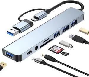 USB C Hub USB Hub 3.0 VIENON Aluminum 8 in 1 USB Splitter with 1 x USB 3.0 3 x USB 2.0 and 1 x USB C SD/TF Card Reader 3.5mm Aux Ports for MacBook Pro Air and More PC/Laptop/Tablet Devices