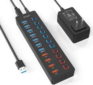 11-Port USB 3.0 Splitter (7 Data Transfer Ports + 4 Smart Charging Ports) Powered USB Hub with Individual LED On/Off Switches and 12V/3A Power Adapter