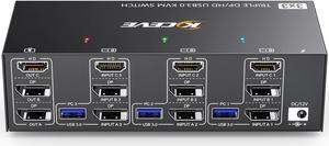 KVM Switch 3 Monitors 3 Computers 8K@60Hz 4K@144Hz, Camgeet HDMI+2 Displayport KVM Switch Triple Monitor for 3 Computer Share 3 Monitor and 4 USB3.0 Devices,Wired Remote and 12V power adapter Included