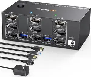 Triple Monitor KVM Switch 3 Monitors 2 Computers 8K@60Hz 4K@144Hz,MLEEDA HDMI+2 Displayport KVM Switch Triple Monitor for 2 Computers Share 3 Monitors and 4 USB3.0 Device,with Wired Remote and 5 Cable
