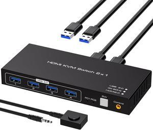 HDMI KVM Switch 2 Port 4K60Hz for 2 Computers Share 1 Monitor USB 3.0 KVM Switches PC Support 4 USB 3.0 Devices Such as Keyboard Mouse Printer with Desktop Wired Controller and 2 USB Cables