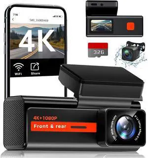 Dash Cam Front and Rear,  S80 4k+1080P Dual Dash Camera for Cars, WiFi Mini Car Camera,1.47 Display Dashcam,170°Wide, Night Vision,24H Parking Mode, G-Sensor,Loop Recording, Free 32G Card, App