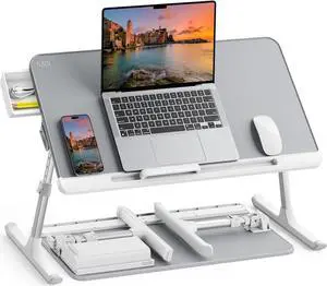 SAIJI Laptop Bed Tray Table, Adjustable PVC Leather Laptop Bed Table, Portable Standing Desk with Storage Drawer, Foldable Lap Tablet Table for Sofa Couch Floor (Gray)