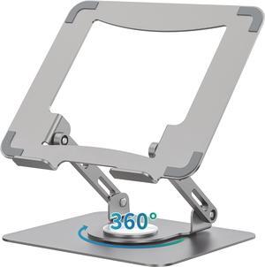 Laptop Stand with 360° Rotating Base Ergonomic Computer Riser for Desk Adjutable Height Muti-Angle Foldable Laptop Mount Stable Metal Holder Support 10-15.6 Notebook PC Silver Grey