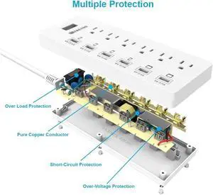 SA  Surge Protector Power Strip 6 Outlets with 6 USB Charging Ports, USB Extension Cord, 1625W/13A Multiplug for Multiple Devices Smartphone Tablet Laptop Computer (6ft, white)