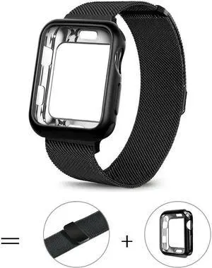 For Apple Watch 6/5/4/3/2/1/SE Band Replacement Stainless Steel 38mm 40mm 42mm 44mm , Milan magnetic metal strap with Screen Protector Case Sports Wristband,44mm,black