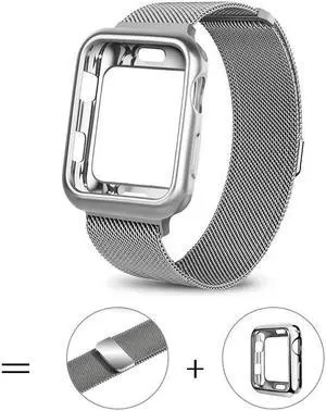 For Apple Watch 6/5/4/3/2/1/SE Band Replacement Stainless Steel 38mm 40mm 42mm 44mm , Milan magnetic metal strap with Screen Protector Case Sports Wristband,44mm,Silver