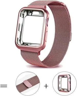 For Apple Watch 6/5/4/3/2/1/SE Band Replacement Stainless Steel 38mm 40mm 42mm 44mm , Milan magnetic metal strap with Screen Protector Case Sports Wristband,42mm,Rose gold