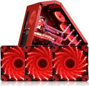 SA 120mm PC Cooling Computer 16dB Ultra Silent 15 LEDs Case Fan Heatsink Cooler Cooling w/ Anti-Vibration Rubber, 120mm Fan,12VDC, Molex 4pin,  Red LED Lights (3pcs)