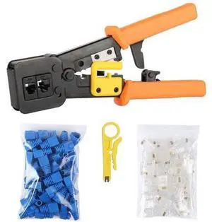 EZ RJ45 Crimp Tool Pass Through Cat5 Cat5e Cat6 Crimping Tool for RJ45/RJ12 Regular and End-Pass-Through CAT5e Connectors with 50PCS Connectors, 50PCS Covers and Network Wire Stripper EZ RJ45 Crimp Tool Pass Through Cat5 Cat5e Cat6 Crimping Tool for RJ45/RJ12 Regular and End-Pass-Through CAT5e Connectors with 50PCS Connectors, 50PCS Covers and Network Wire Stripper