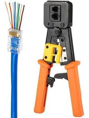 EZ RJ45 Crimp Tool Pass Through Cat5 Cat5e Cat6 Crimping Tool for RJ45/RJ12, CAT5, CAT5e, CAT6 Regular and End-Pass-Through connectors EZ RJ45 Crimp Tool Pass Through Cat5 Cat5e Cat6 Crimping Tool for RJ45/RJ12, CAT5, CAT5e, CAT6 Regular and End-Pass-Through connectors