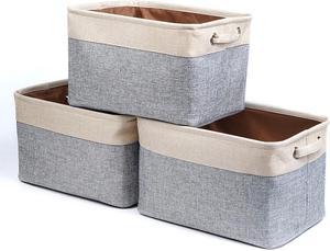 Hannord Large Storage Basket Bin Set [3-Pack] Storage Cube Box Foldable Canvas Fabric Collapsible Organizer With Handles For Home Office Closet (Beige / Grey)