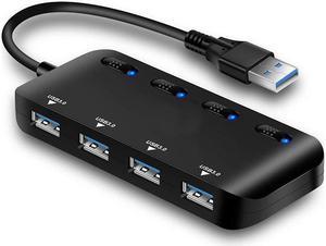 4 Port Powered USB 3.0 Hub Splitter, Hannord Ultra Slim USB Data Hub with Individual Power Switches and LEDs, for MacBook Air, Laptop, iMac,PC, USB Flash Drives, Hard Drive (Black)