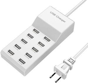 USB Wall Charger 10-Port USB Charger Station with Rapid Charging Auto Detect Technology Safety Guaranteed Family-Sized Smart USB Ports for Multiple Devices Smart Phone Tablet Laptop Computer