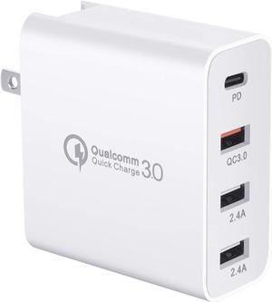 USB C Charger, Hannord 48W 4 Ports Fast Charging PD Wall Charger Quick Charge 3.0, Multi Port USB-C Travel Adapter for Samsung S10/S9/S8/Plus, iPhone Xs/Max/XR/iPhone11, Fully Compatible (White)