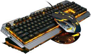 Gaming Keyboard and Mouse Combo Orange Yellow Backlit, LED Backlight Keyboard Computer Gaming Keyboad,Lighted PC Gaming Mouse,USB Keyboard Clicky Key,Silver Metal Structure,for Xbox PS4 PS3 Working