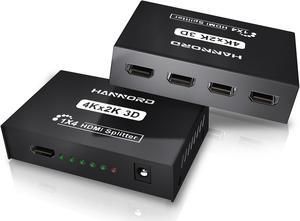 Hannord Hdmi Splitter 1 in 4 Out V1.4b Powered Hdmi Video Splitter with AC Adaptor Duplicate/Mirror Screen Monitor Supports Ultra HD 1080P 2K x4K@30Hz and 3D Resolutions (1 Input to 4 Outputs)