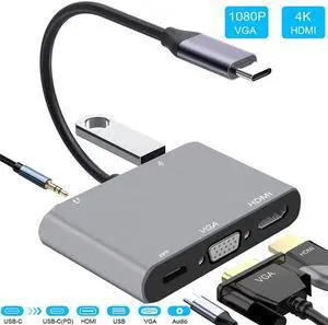Hannord 5 In 1 Type C Adapter Hunderbolt to HDMI VGA USB 3.0 and 3.5mm Jack Audio PD Charging for MacBook Pro Laptop Phone