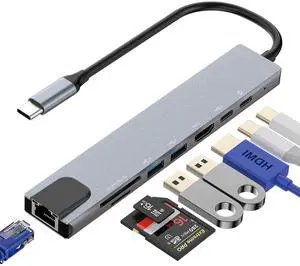 Hannord 8 in1 USB C Hub to Adapter RJ45 100mbps Laptop Docking Station Splitter, for Multiport Adapter for Dell HP MacBook pro iPhone15 Pro Max iPad Pro Air SD TF RJ45 USB Extender Hub PD