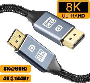 DisplayPort 1.4 Cable Ultra HD 8K 4K Copper Cord DP 1.4 HBR3 8K@60Hz 4K@144Hz High Speed 32.4Gbps HDCP 3D Slim and Flexible DP to DP Cable for Laptop PC TV Gaming Monitor (6.6ft/2m)