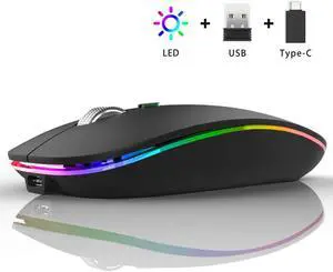 LED Wireless Mouse, Uiosmuph G12 Slim Rechargeable Wireless Silent Mouse, 2.4G Portable USB Optical Wireless Computer Mice with USB Receiver and Type C Adapter (Matte Black)