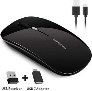 Q5 Slim Rechargeable Wireless Mouse, 2.4G Portable Optical Silent Ultra Thin Wireless Computer Mouse with USB Receiver and Type C Adapter, Compatible with PC, Laptop, Notebook, Desktop Black