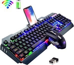 Wireless Keyboard and Mouse,Rainbow LED Backlit Rechargeable Keyboard Mouse with 3800mAh Battery Metal Panel,Mechanical Feel Keyboard and 7 Color Gaming Mute Mouse for Windows Computer Gamers(Rainbow)