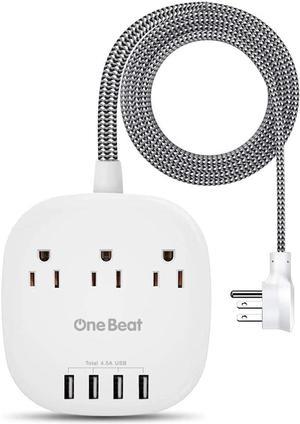 Desktop Power Strip with 3 Outlet 4 USB Ports 4.5A, Flat Plug and 5 ft Long Braided Extension Cords for Cruise Ship Travel Home Office, ETL Listed, White