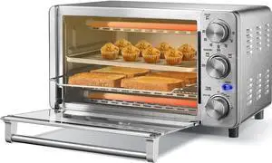 4 Slice Small Toaster Oven Countertop, 12L with 30-Minute Timer, 3-In-One, Bake, Broil, Toast, 1100 Watts, Dual heating element, Stainless Steel