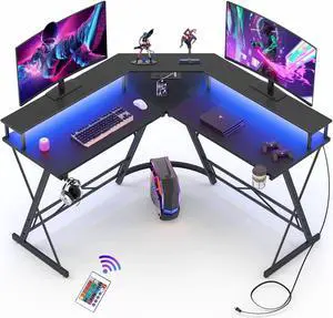 L Shaped Desk 50.1'', Computer Corner Gaming Desk with Led Lights and Power Outlets and Large Monitor Stand, Home Office Desks with Cup Holder, Headphone Hook, Black